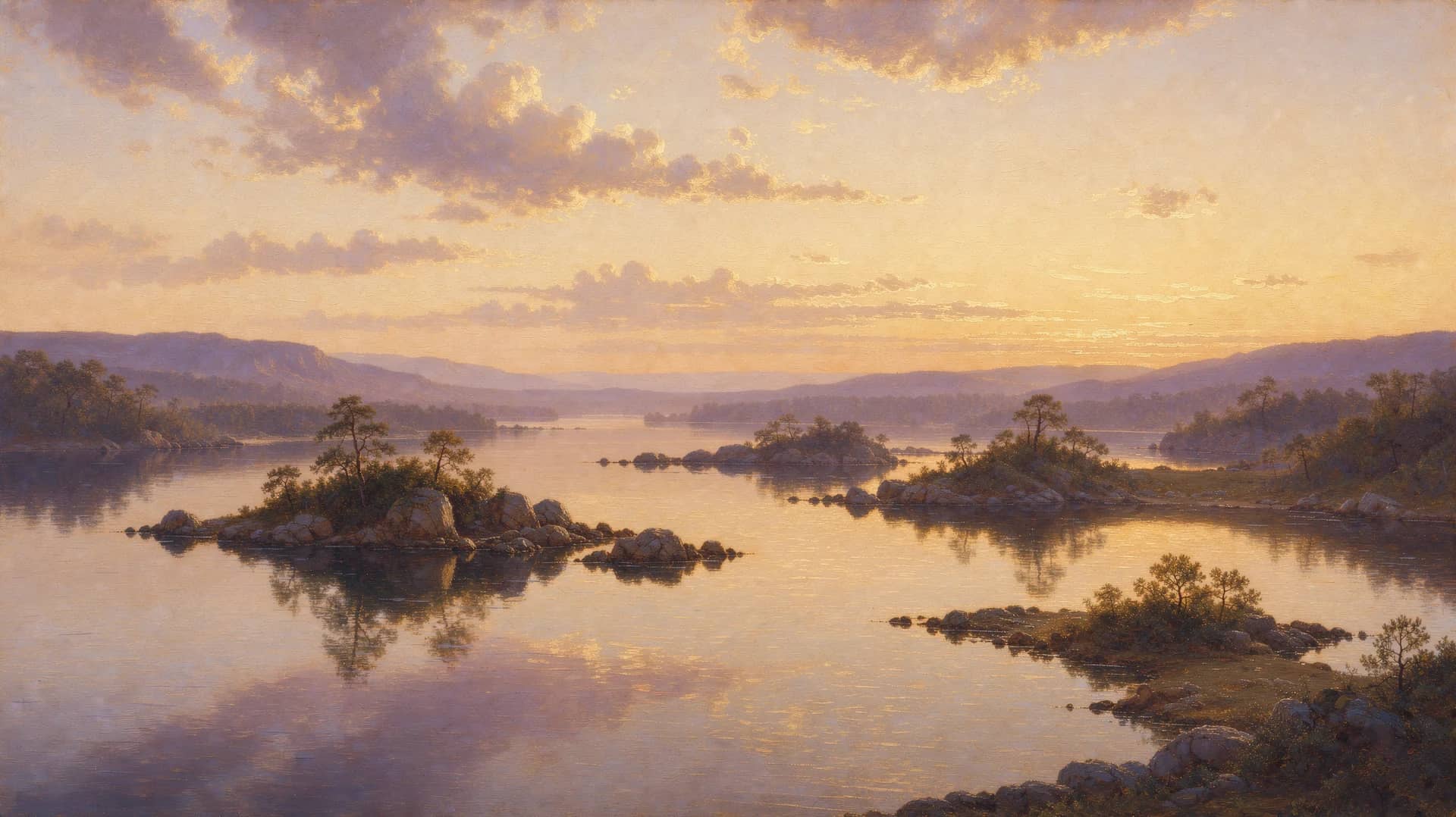 Oil painting of a lake with small islands at dawn