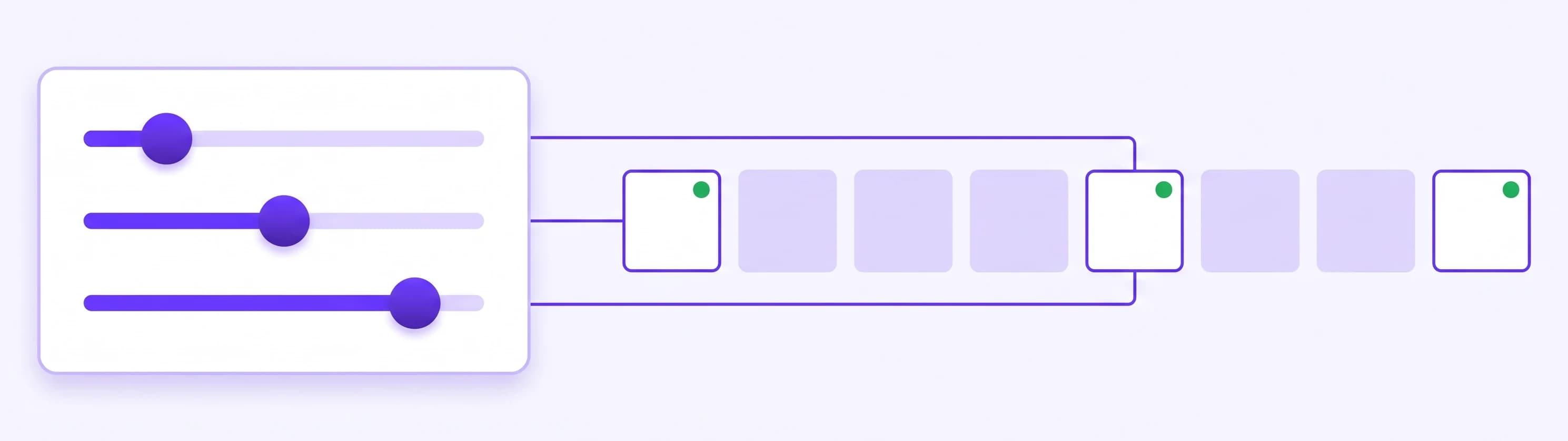 Filter sliders narrowing a row of catalog tiles down to the three products that match a shopper's request