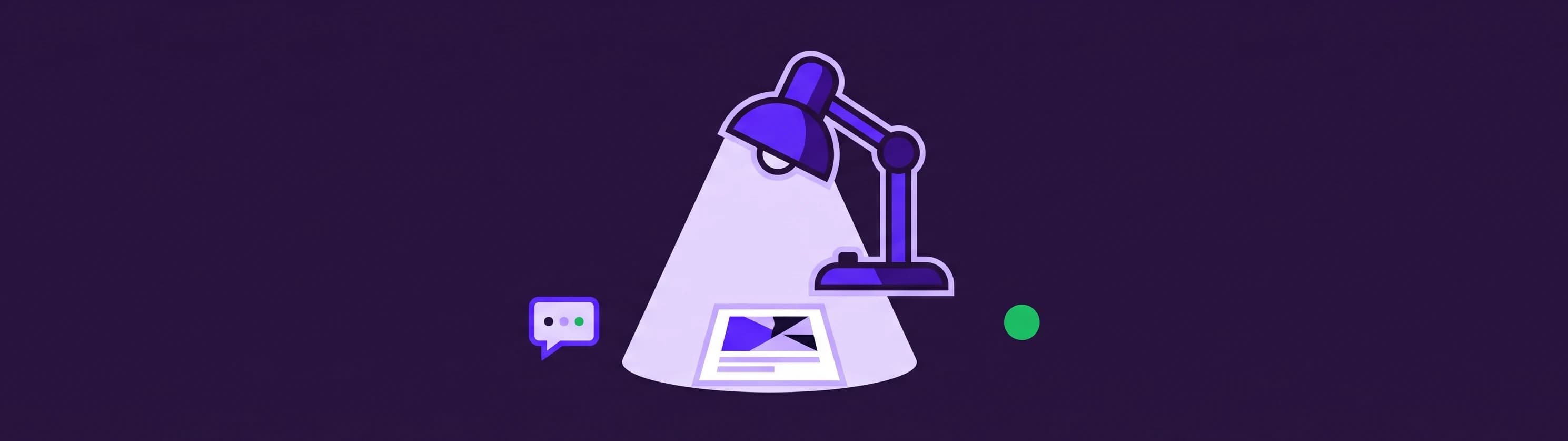 A violet desk lamp illuminates a guest inquiry slip on a dark background beside a conversation symbol
