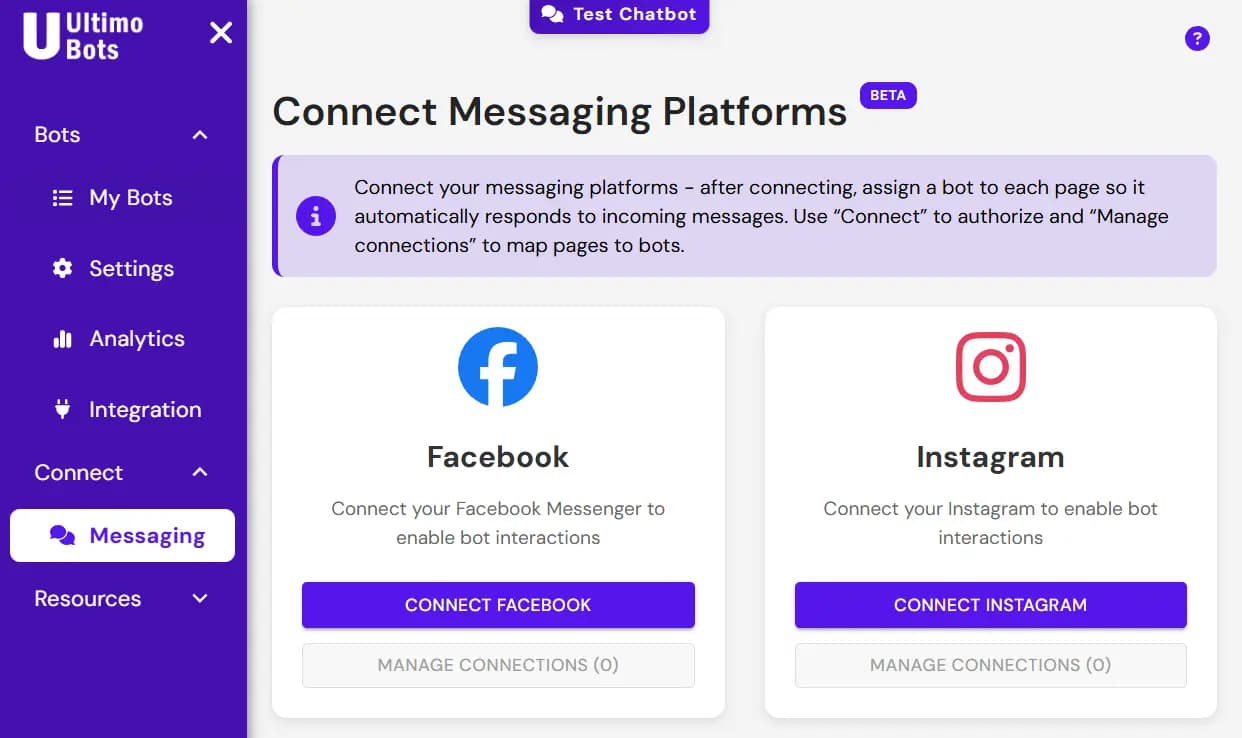 Ultimo Bots Facebook Integration Menu