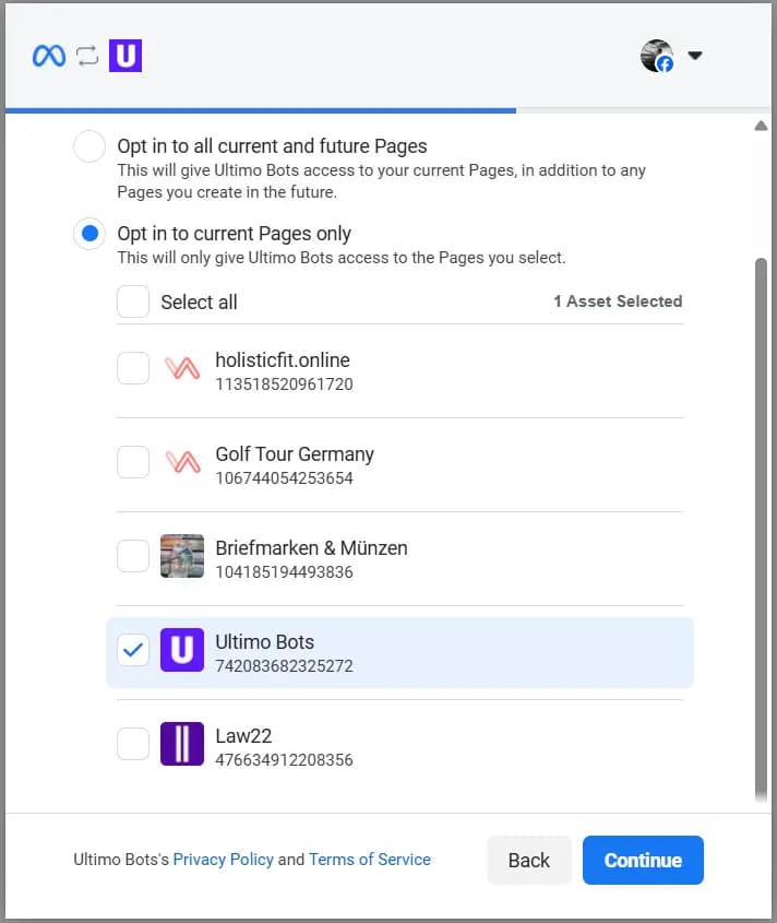 Select Facebook Page in Meta OAuth Flow