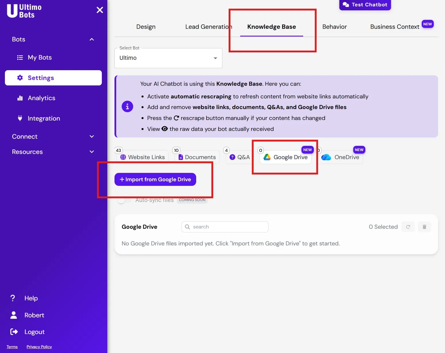 Navigate to Google Drive Import in Ultimo Bots Knowledge Base