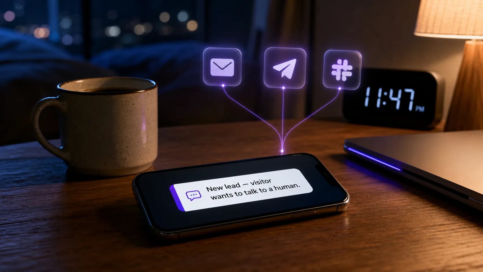 Ultimo Bots Notification Center routing chat alerts to phone, email, Slack and Telegram