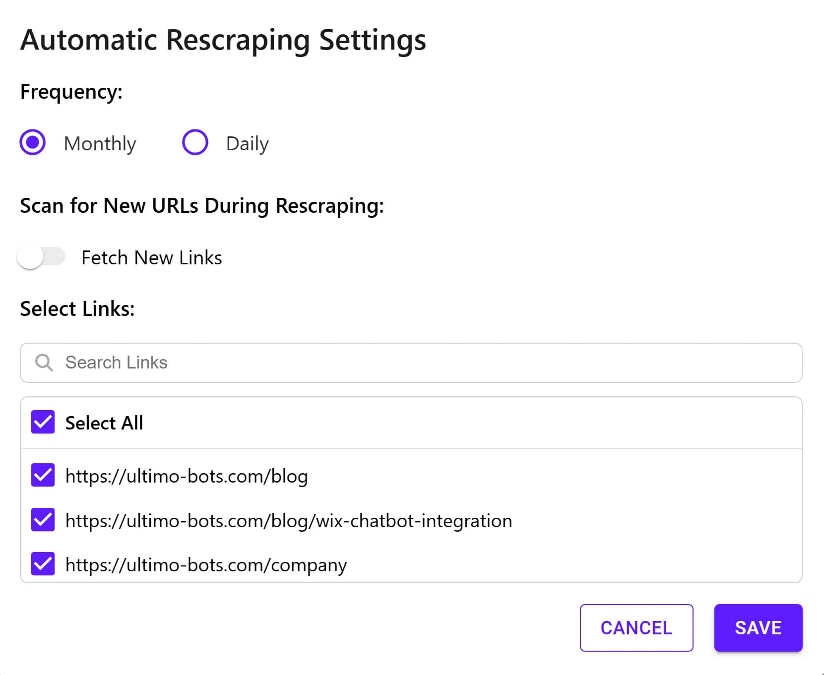 Automatic Rescraping Settings in Ultimo Bots