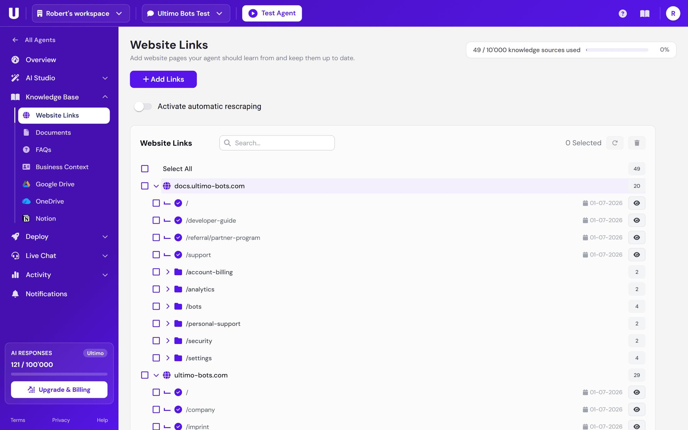 The Knowledge Base in the portal: 49 trained website pages across two domains, with automatic rescraping