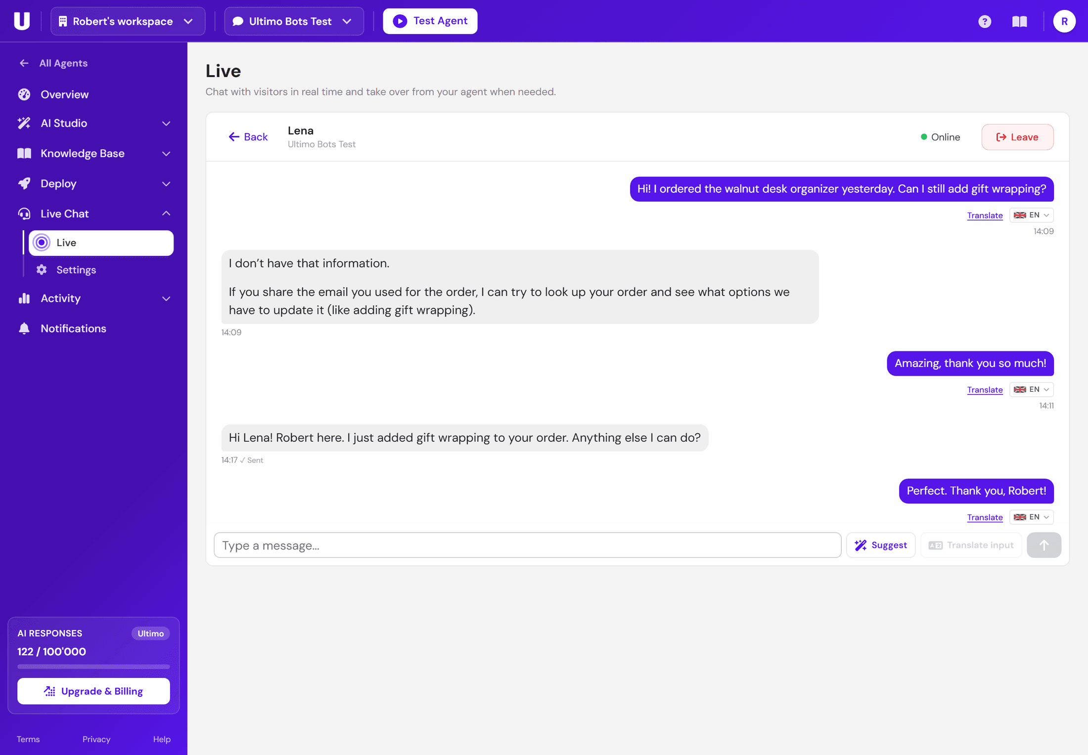 The live inbox: the AI answers first, then Robert joins and replies to Lena in the same conversation, with AI suggest and translate at hand