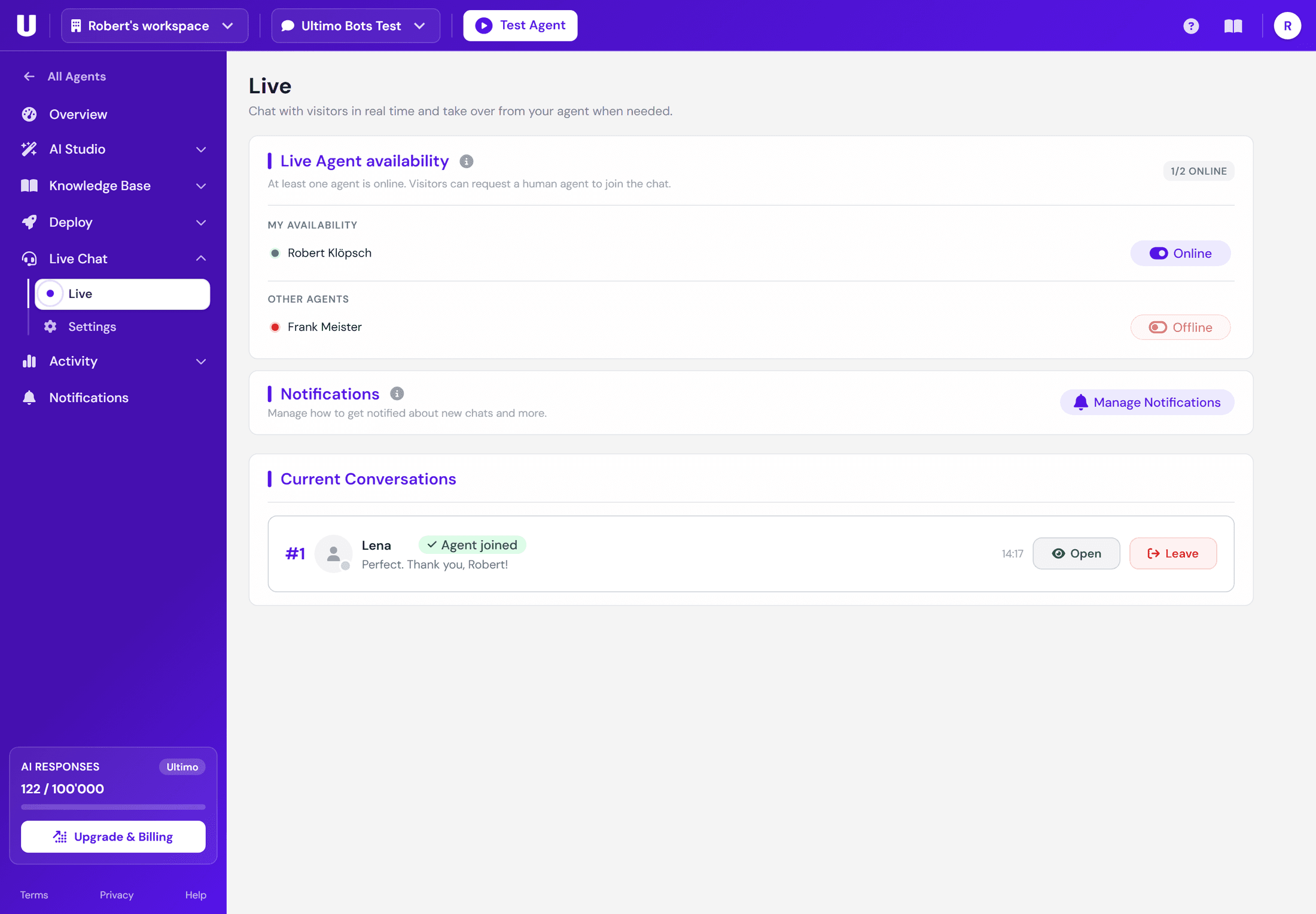 The Live page: team availability with online toggles, notification settings and the current conversations with Lena marked as agent joined