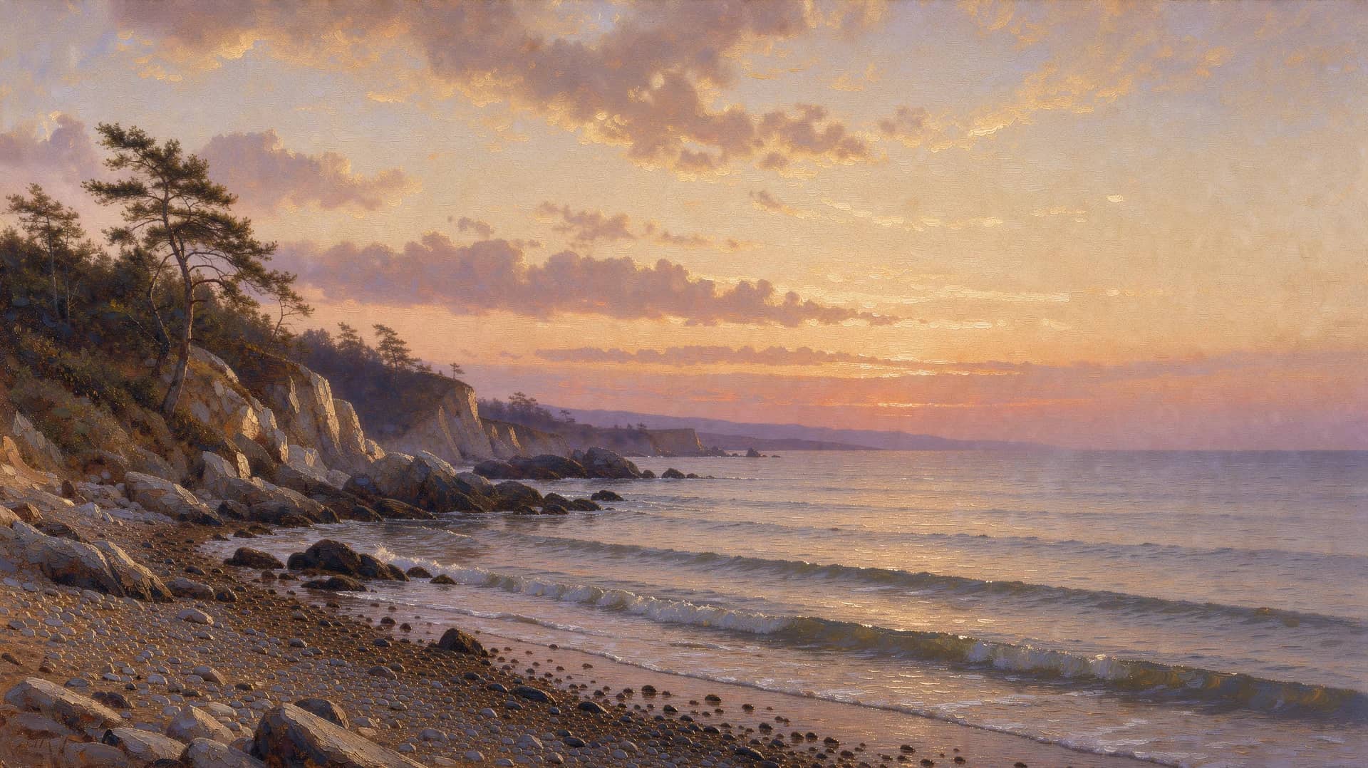 Oil painting of a rocky coast at sunset