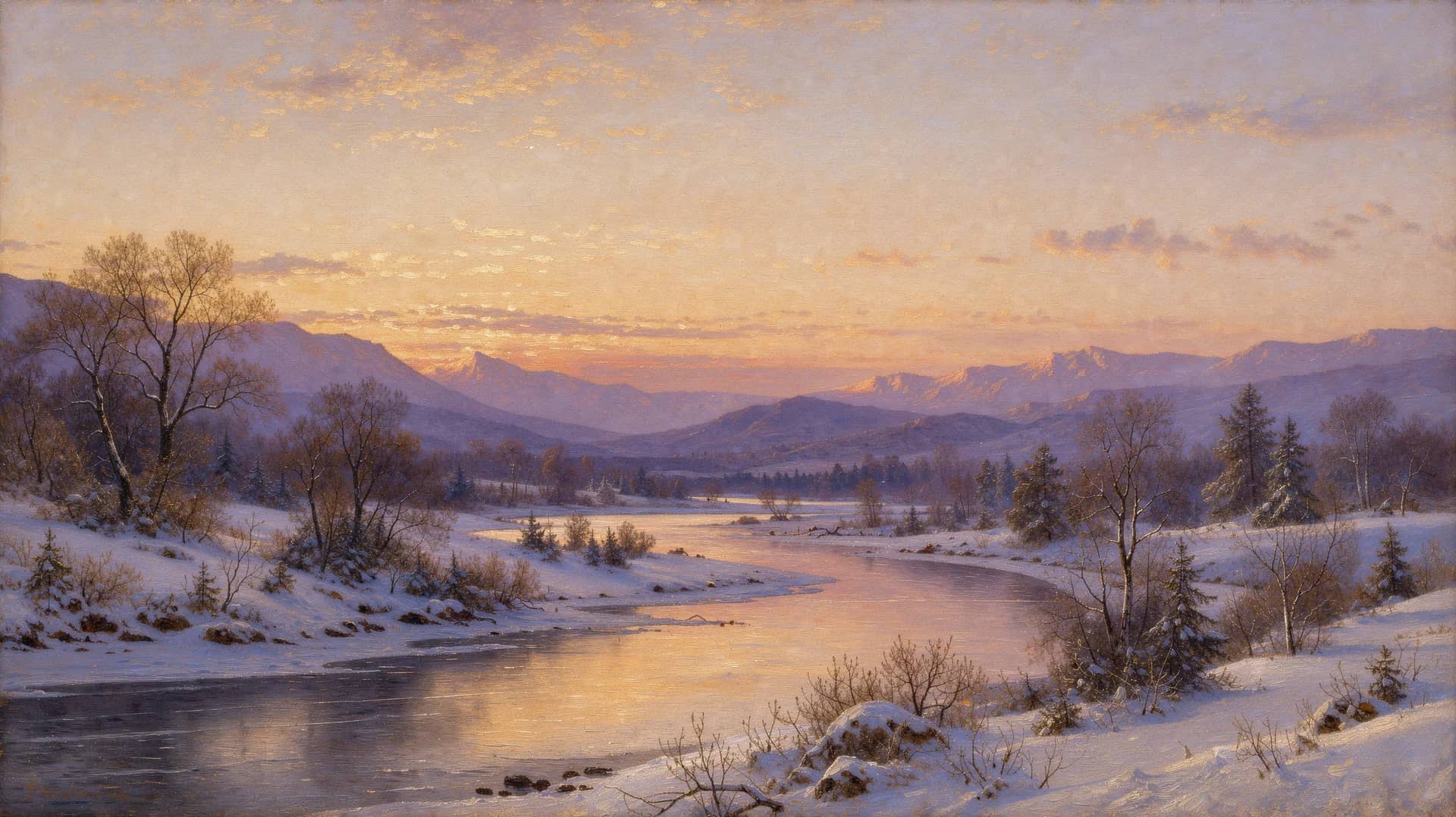 Oil painting of a snowy riverbank in winter