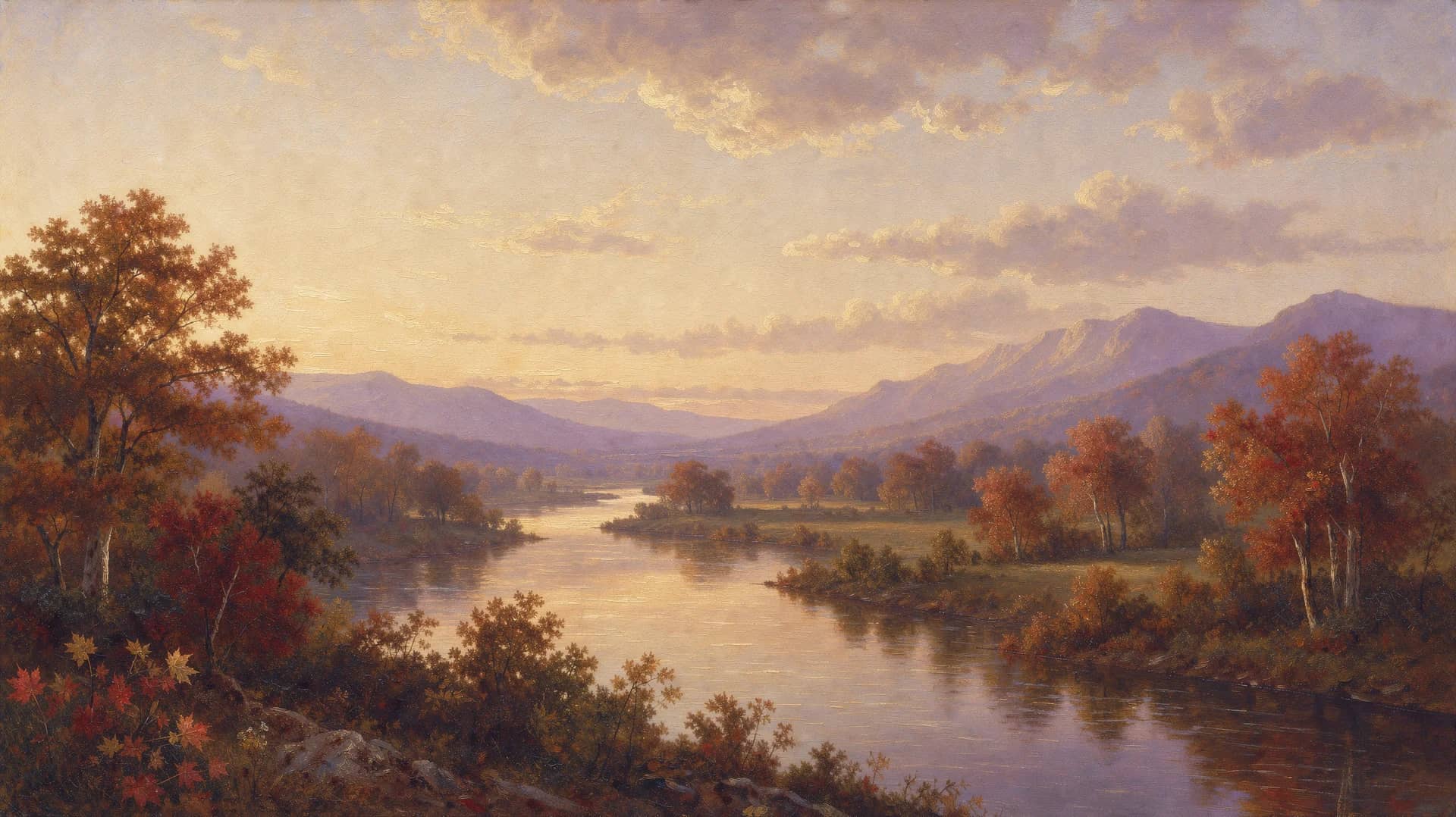 Oil painting of an autumn river below the mountains