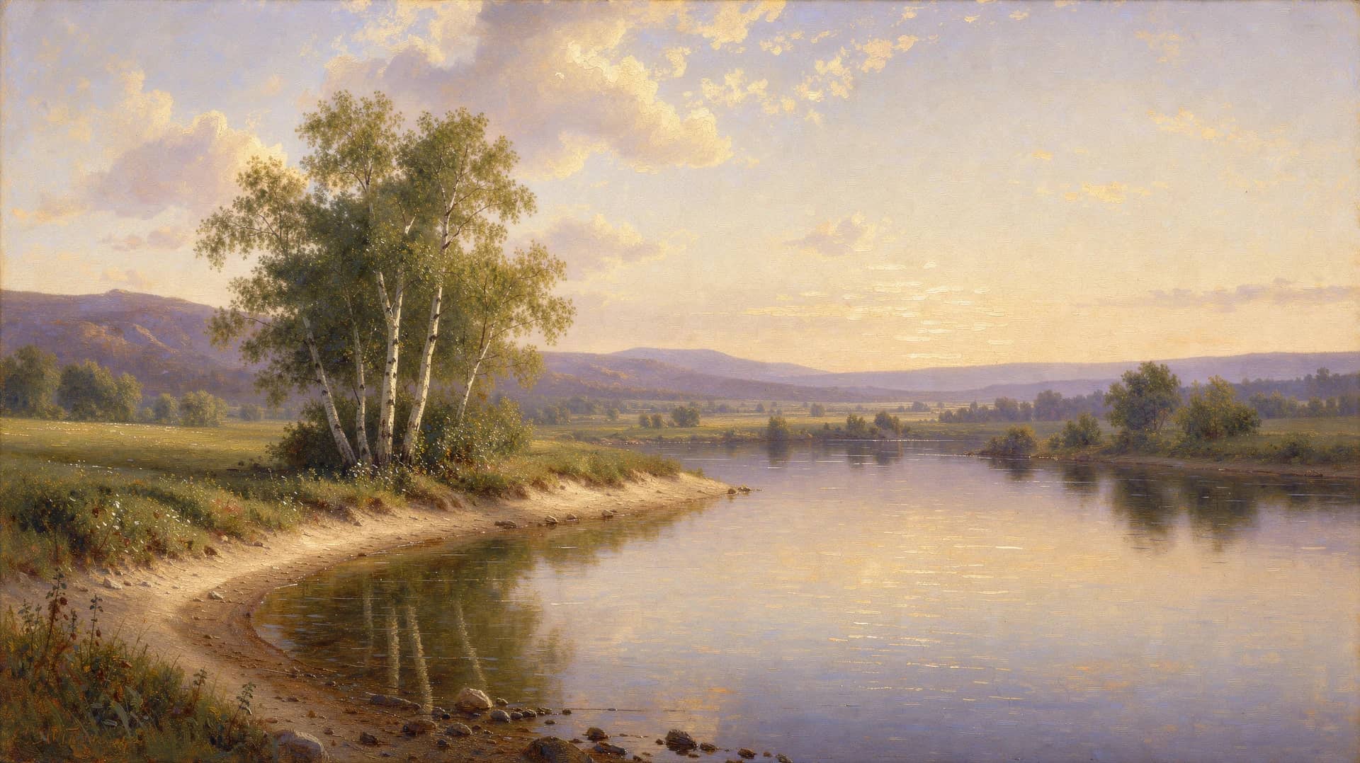 Oil painting of birch trees on a lake shore