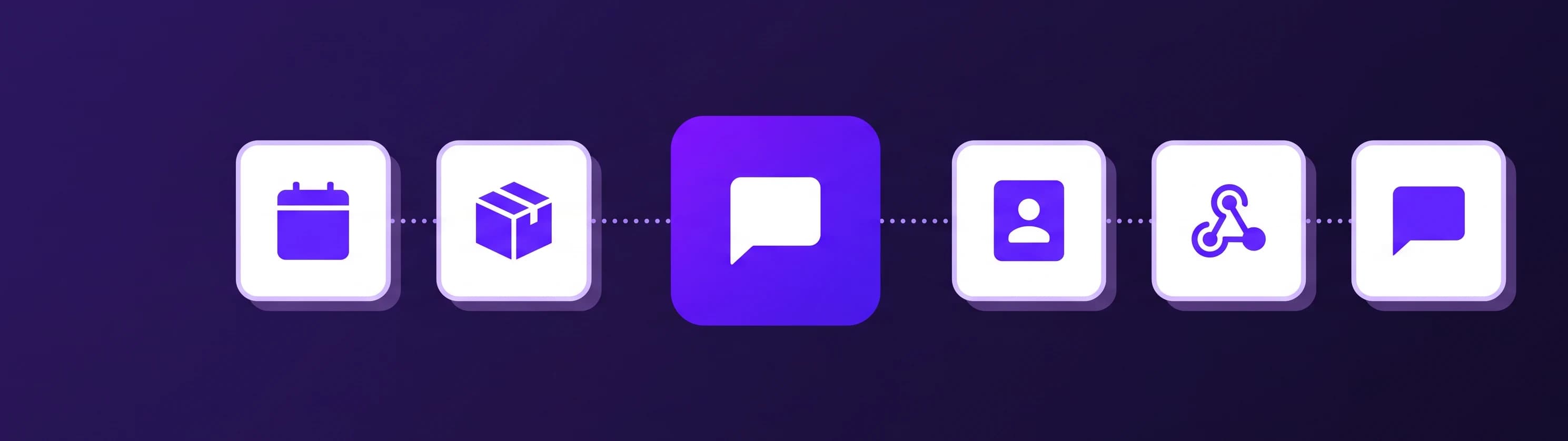 One AI agent tile in the centre, with a chat bubble, a calendar, a package, a contact card and a webhook arrow around it