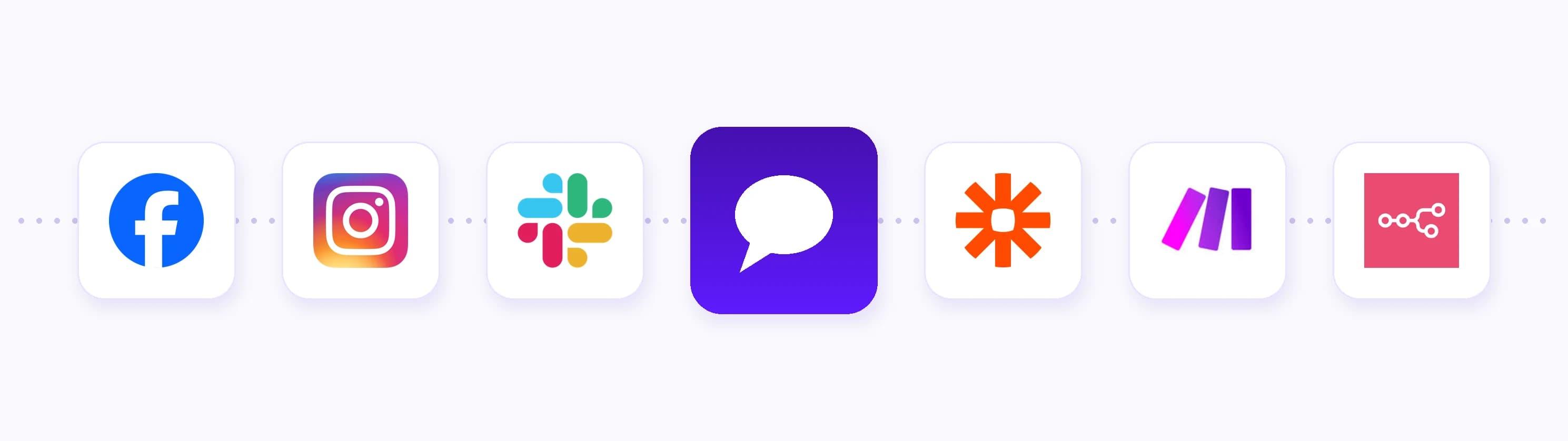 Facebook, Instagram and Slack tiles connected through one AI agent tile to Zapier, Make and n8n