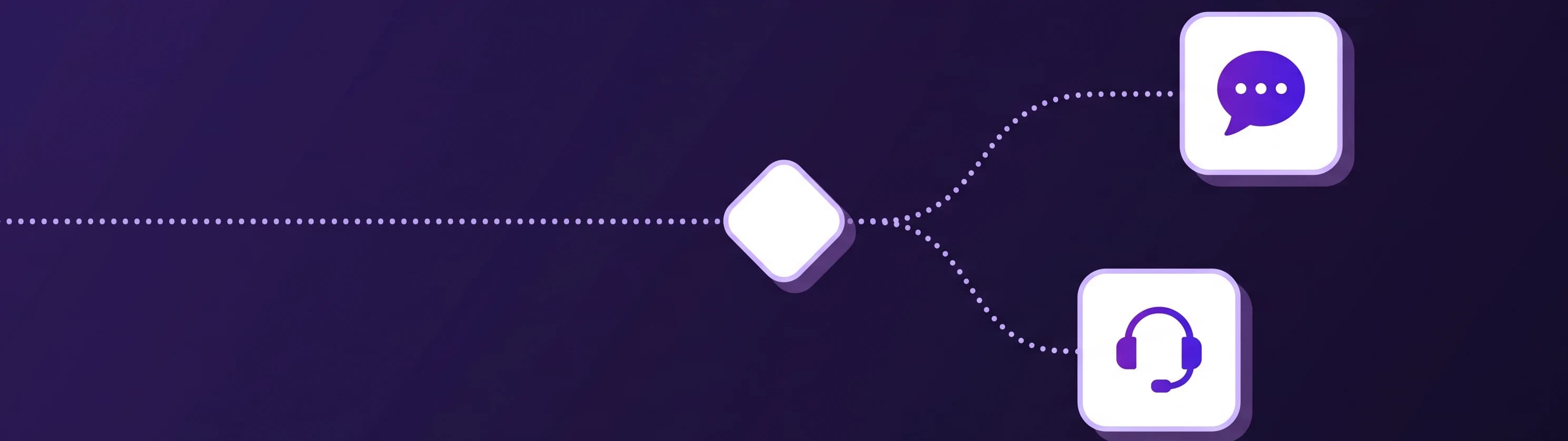 A conversation path forking at a gate, one branch to an AI chat bubble, one to a human headset