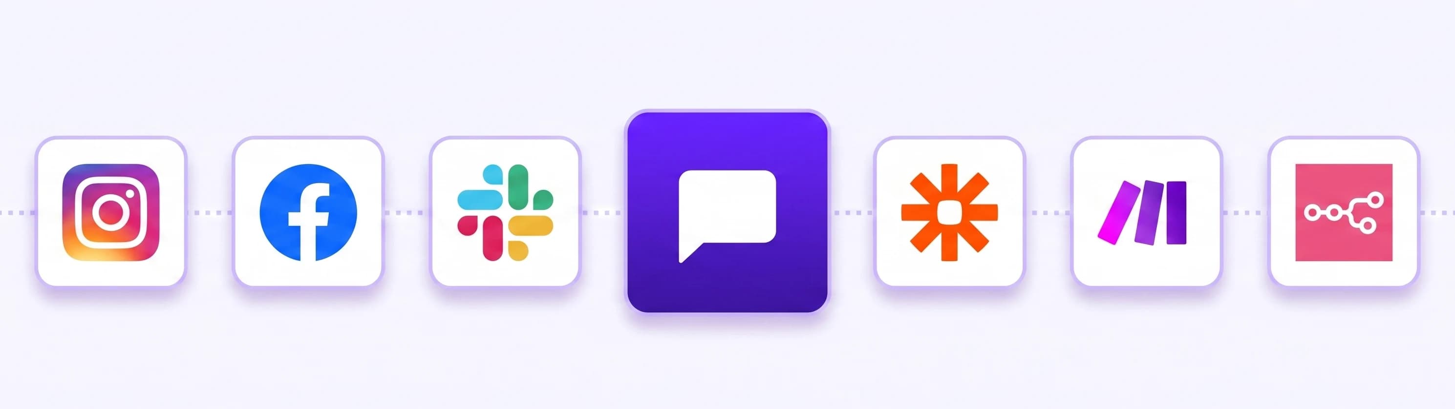 Instagram, Facebook and Slack logos left of a central AI agent tile, with Zapier, Make and n8n logos to its right