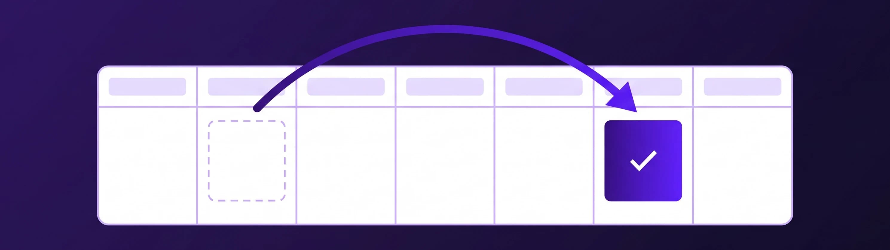 A week calendar strip where an appointment moves from an old dashed slot to a new confirmed violet slot along a curved arrow