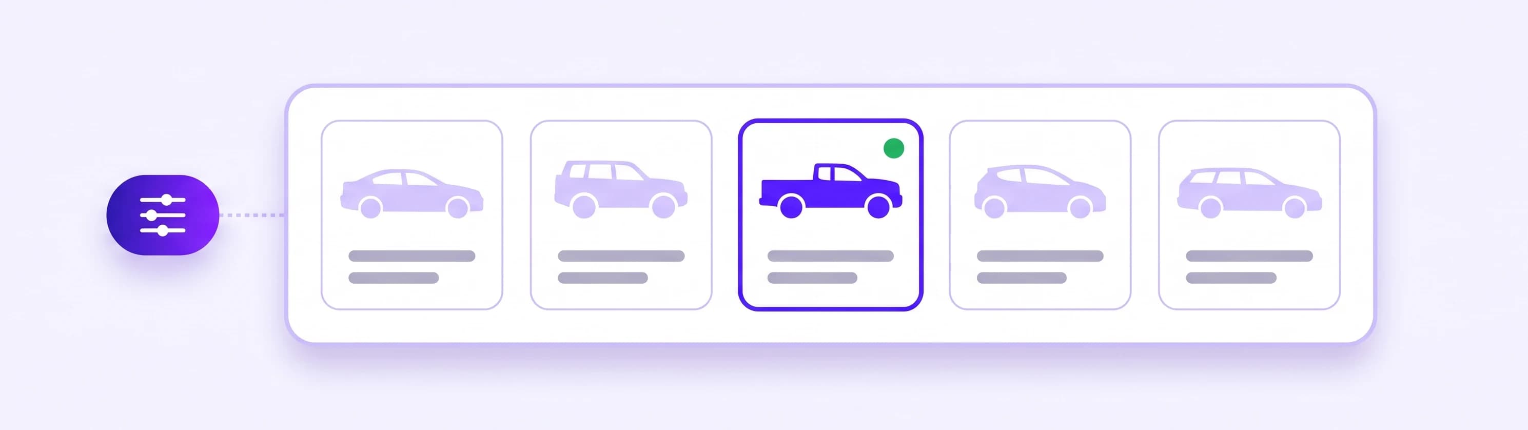 A filter chip next to a tray of vehicle cards in different body styles, one card highlighted in violet with a green status dot