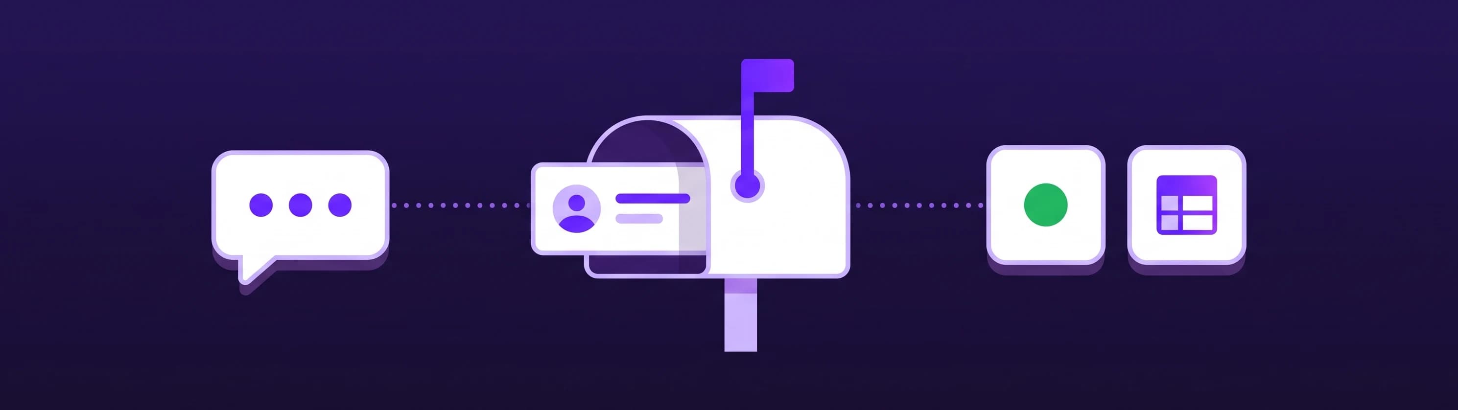 A chat bubble linked by a dotted line to a mailbox with its flag up and a contact card going in, then an alert tile and a spreadsheet tile