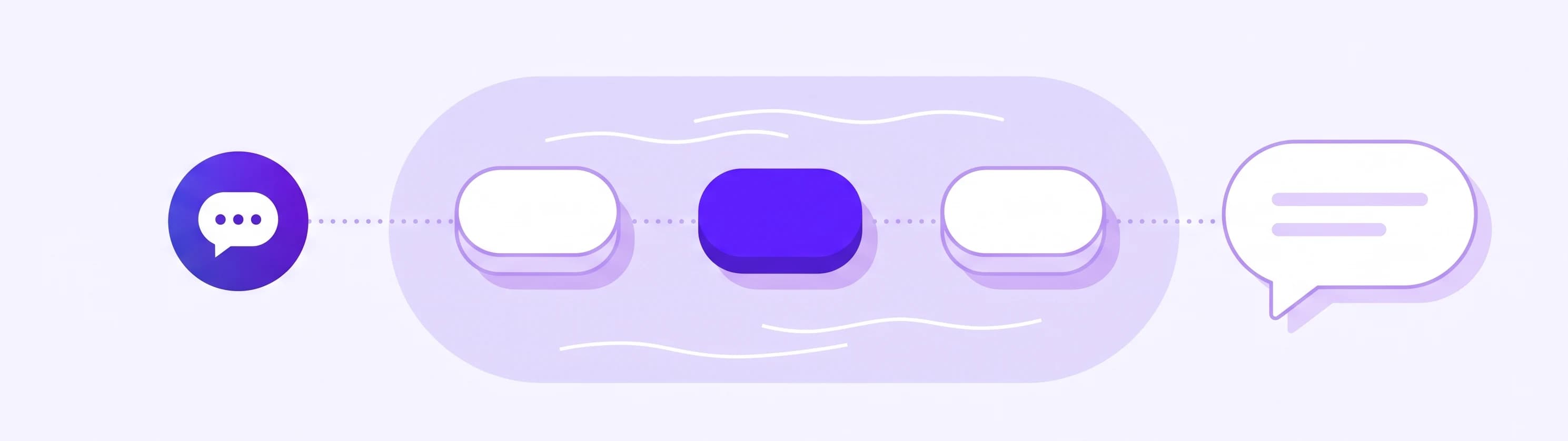 Three stepping stones across a pale stream, leading from a chat launcher to an open speech bubble, like three starter questions