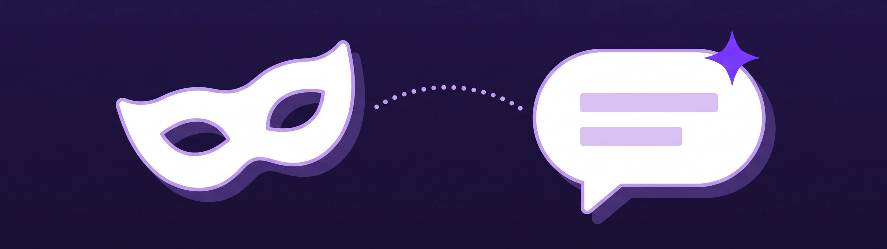 A plain white eye mask set aside on a dark stage, with a dotted line leading to an open chat bubble marked by a small sparkle