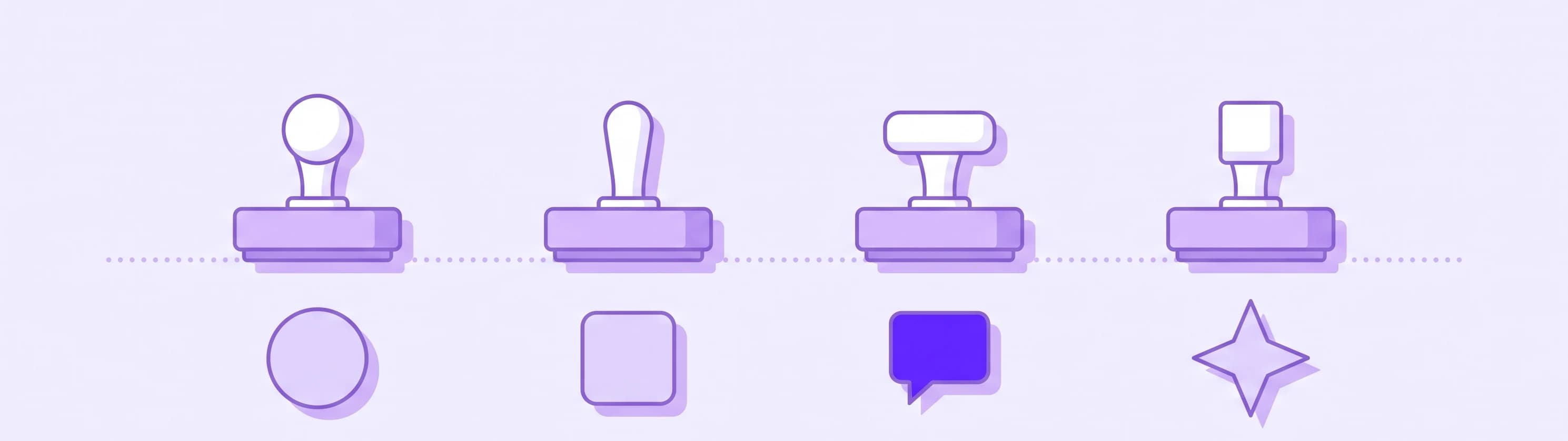 Four rubber stamps with different handles in one row, each leaving a blank print below, the third print a violet speech bubble