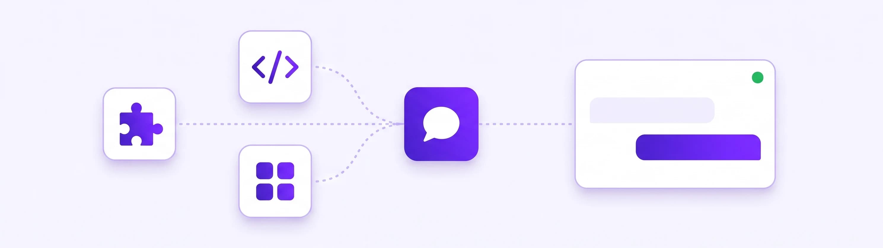 Three install doors, a code snippet, a plugin and an app, converging into one live chat window on a website