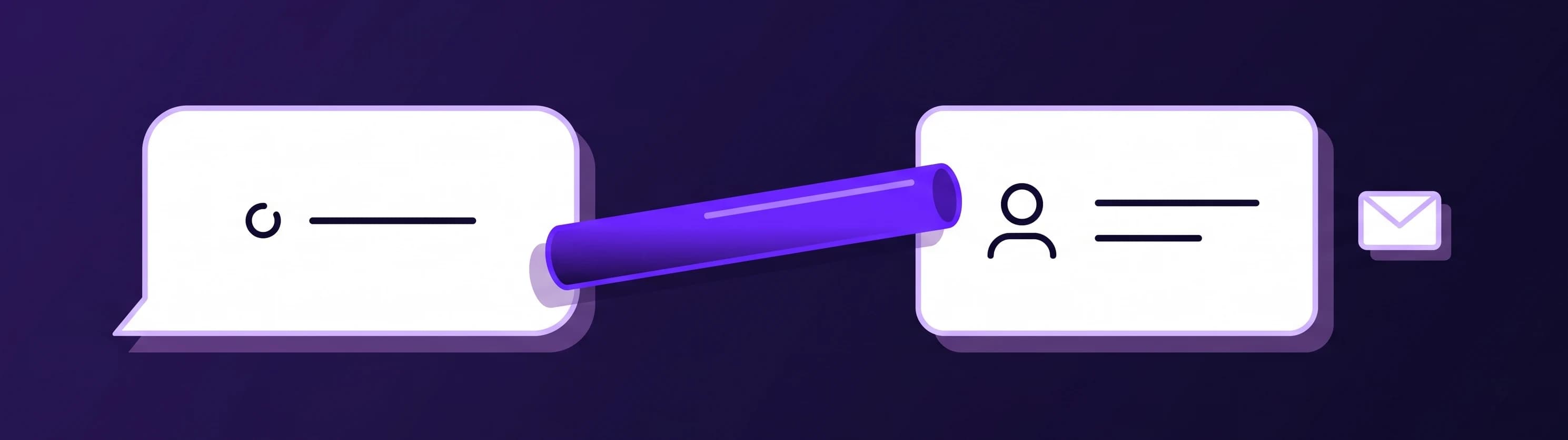 A purple relay baton spanning a chat bubble and a contact card beside an envelope, representing a confirmed follow-up request