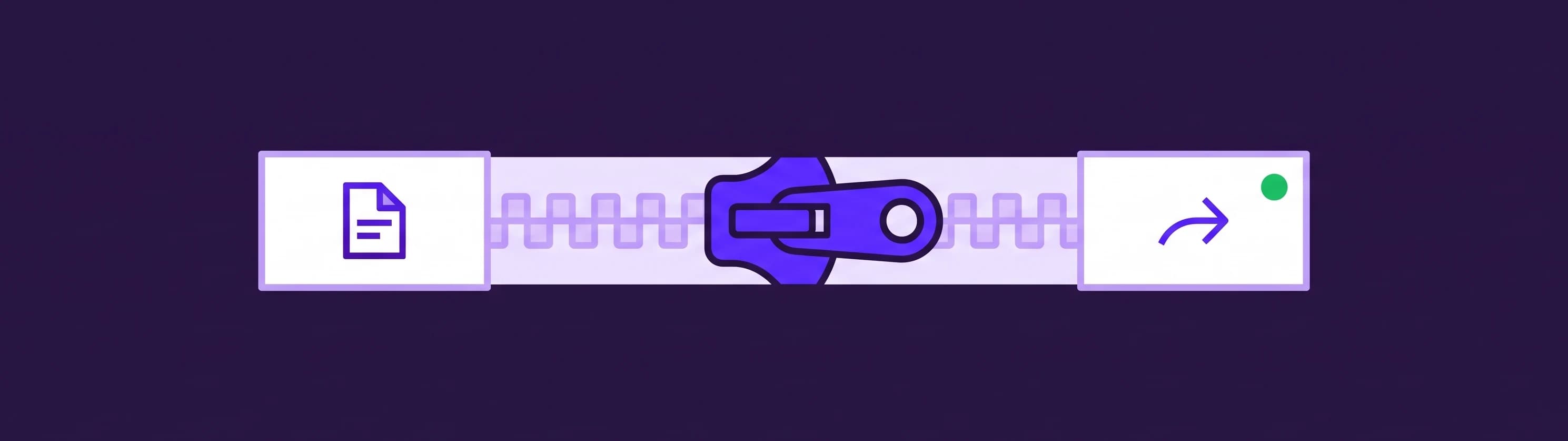 Ein Reißverschluss verbindet ein Dokumentsymbol mit einem Weiterleitungspfeil auf dunkelviolettem Hintergrund