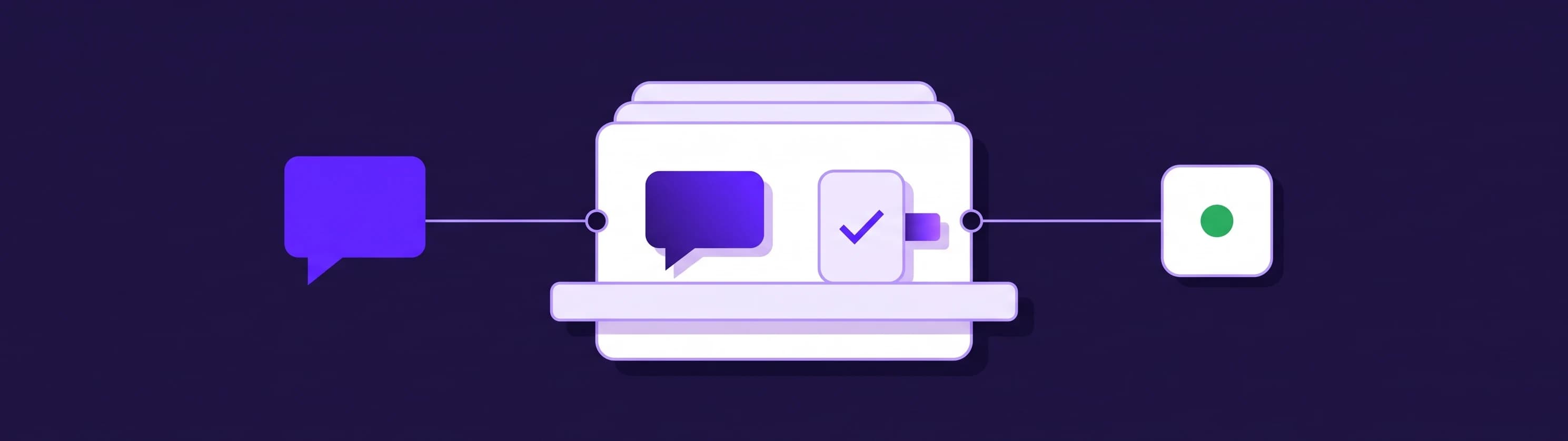 A compact test bench connecting a customer question to an answer and a checked result on a dark purple field