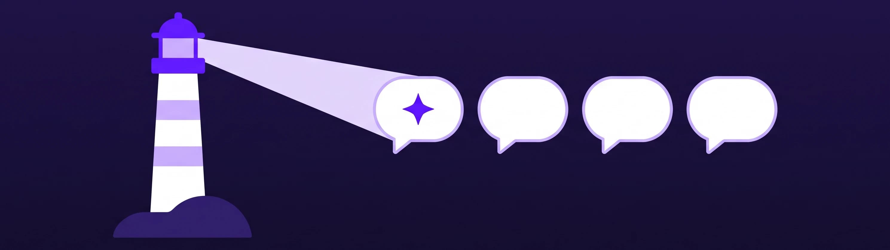 A white lighthouse on a dark background sending a lilac beam onto the first of four chat bubbles, which carries a small sparkle