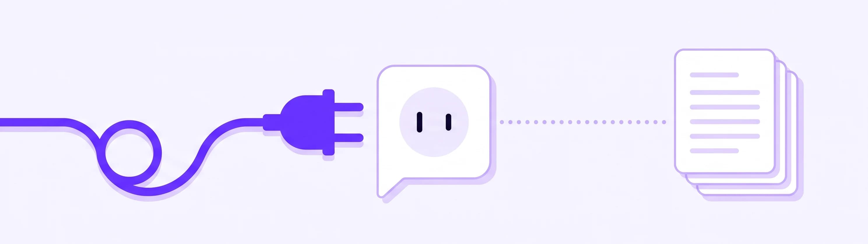 A violet plug on a looping cable about to enter a socket shaped like a speech bubble, linked by a dotted line to a stack of pages