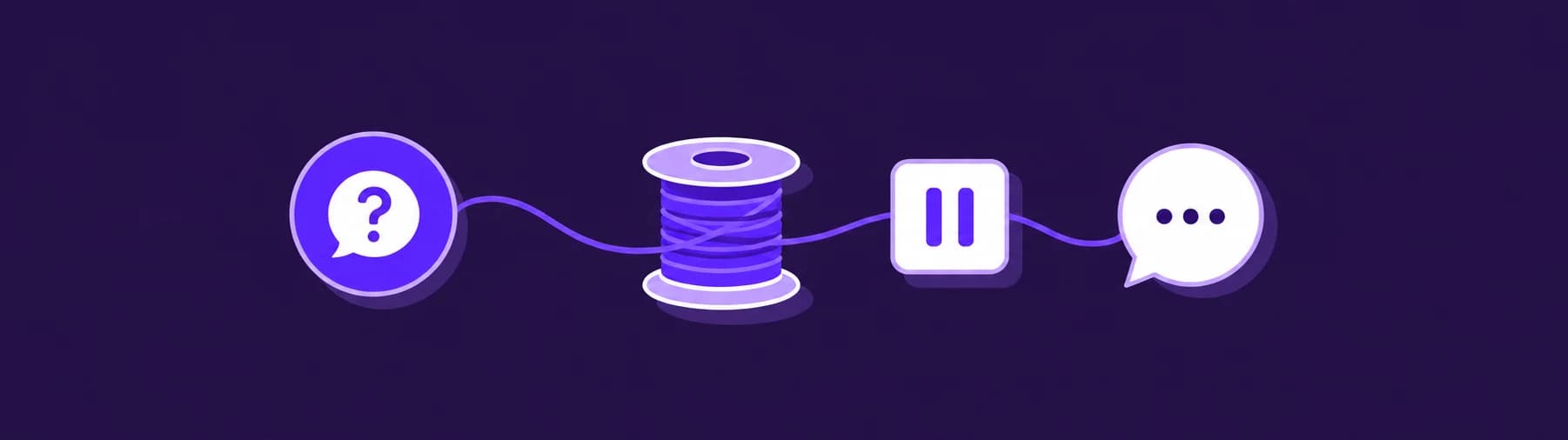 A conversation thread wound around a purple spool beside a pause symbol, representing a staff-managed reply