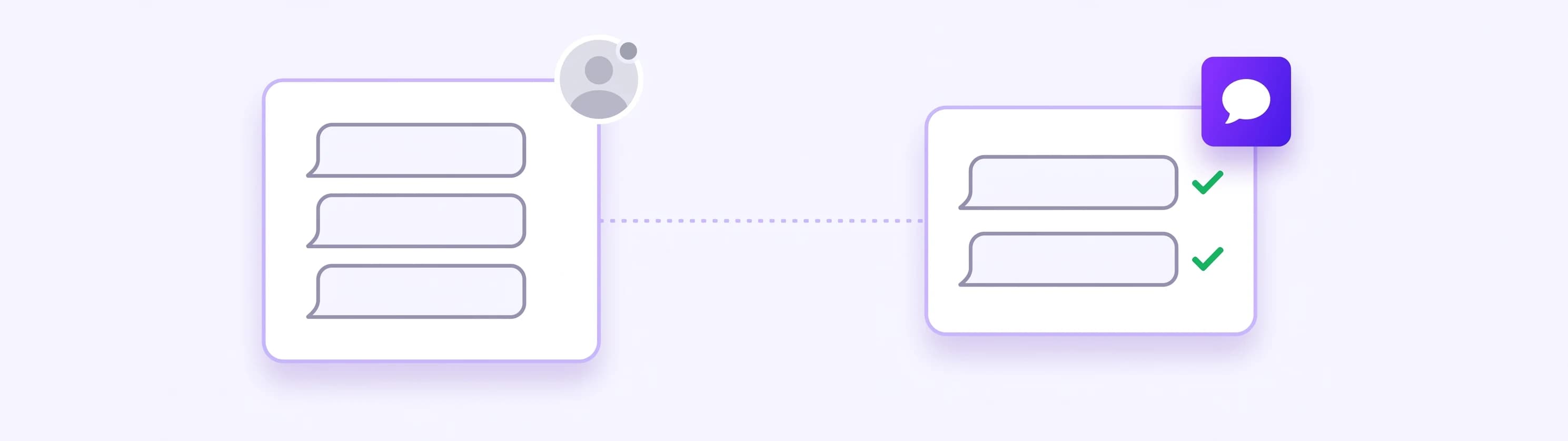 A live chat window with visitor questions stacking up beside an empty desk, while an AI agent tile answers the same questions with green checks