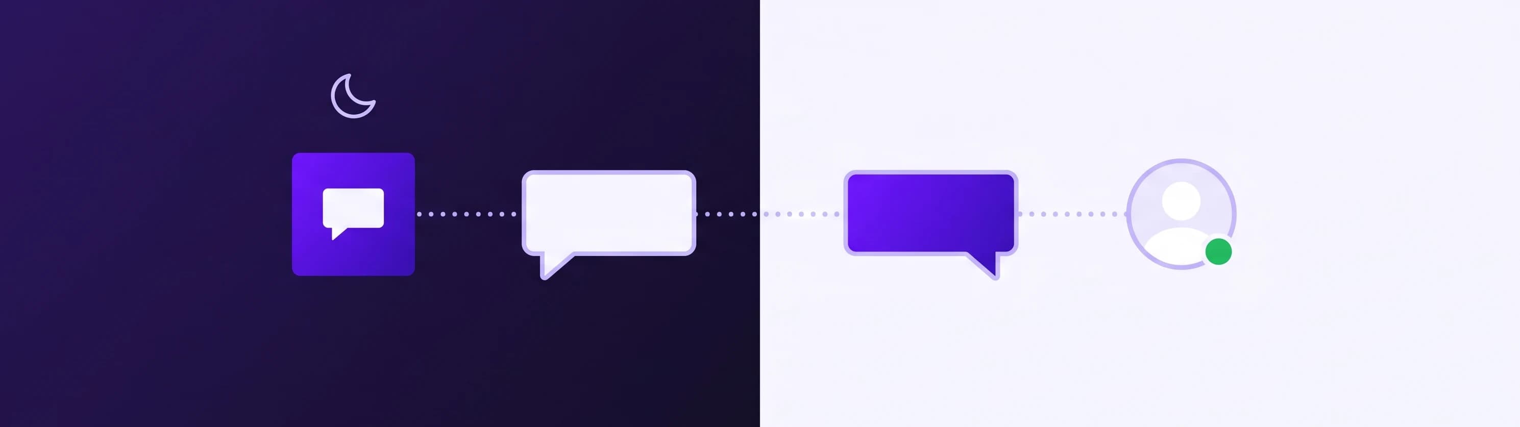 A conversation strip moving from night to day: the AI agent answers alone under the moon, then a human joins the same chat at sunrise with a green presence dot