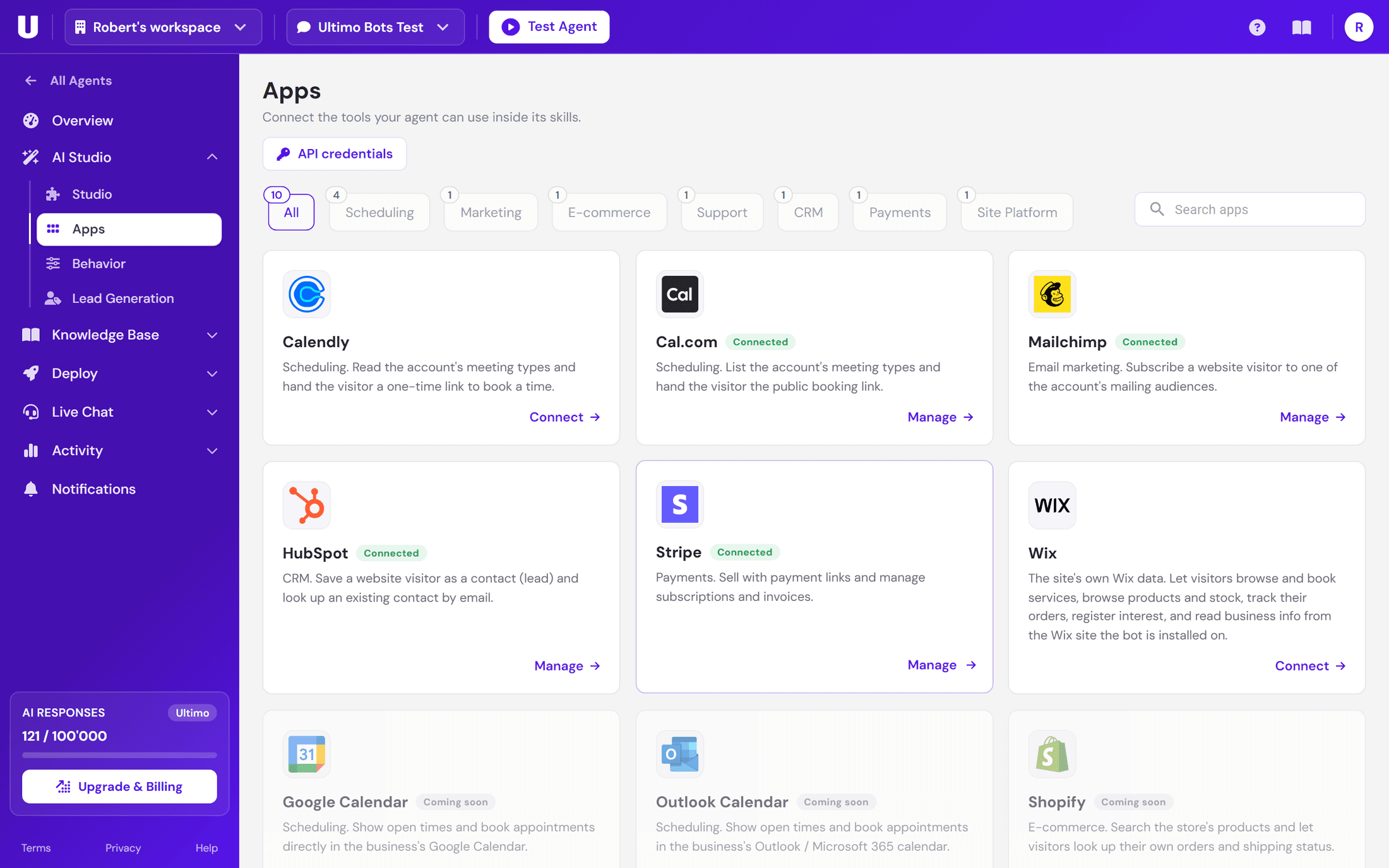 The Apps page in Agent Studio: Calendly, Cal.com, Mailchimp, HubSpot, Stripe and Wix, several already connected