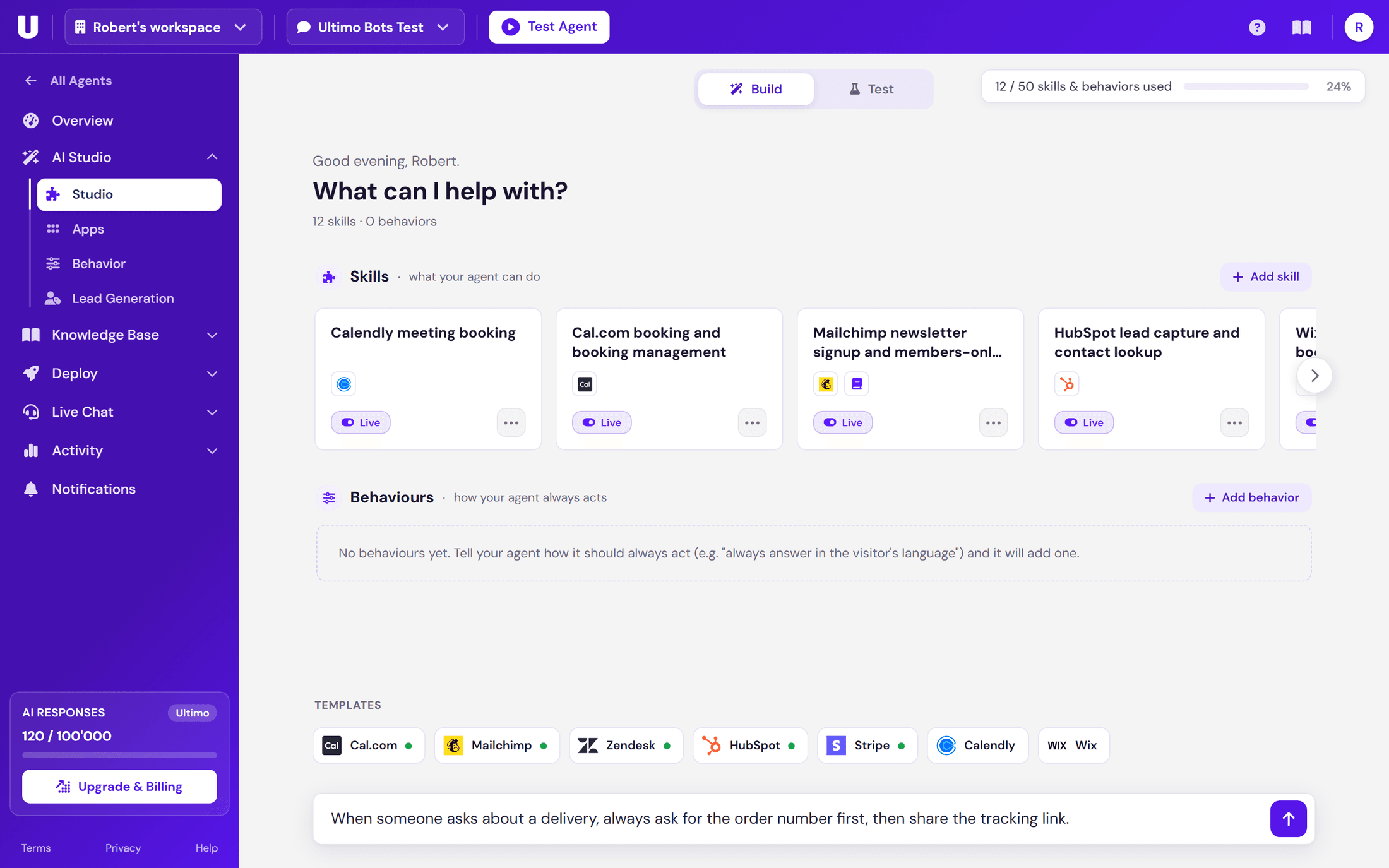 AI Studio: twelve live skills like Calendly booking and Wix order tracking, with a new instruction typed in plain words