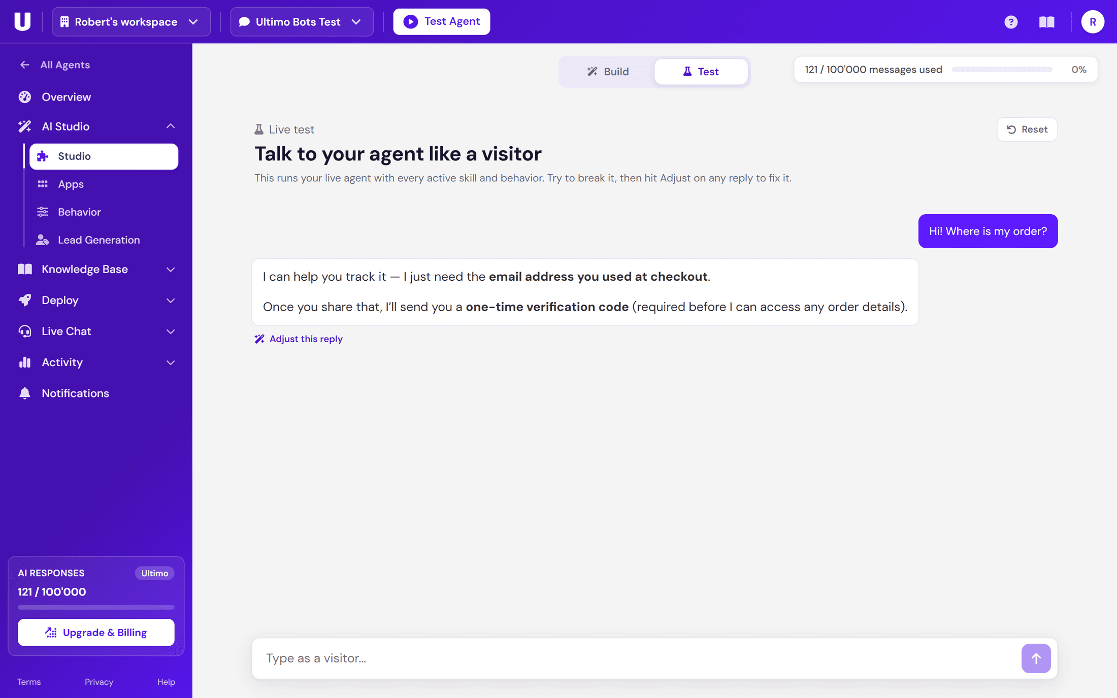 Live test in AI Studio: the agent asks for the checkout email and a one-time verification code before opening order details