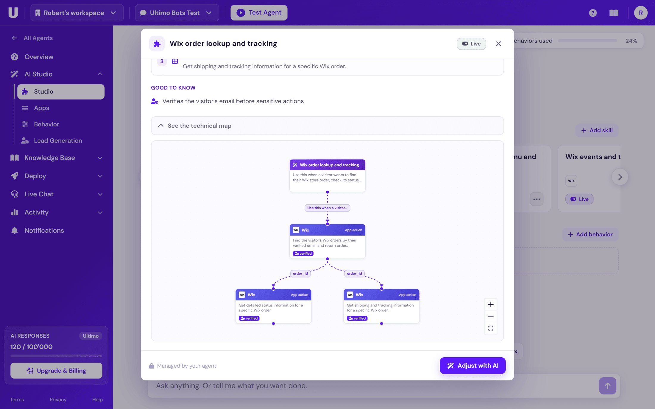 The technical map of a Wix order tracking skill: three connected app actions, each marked verified