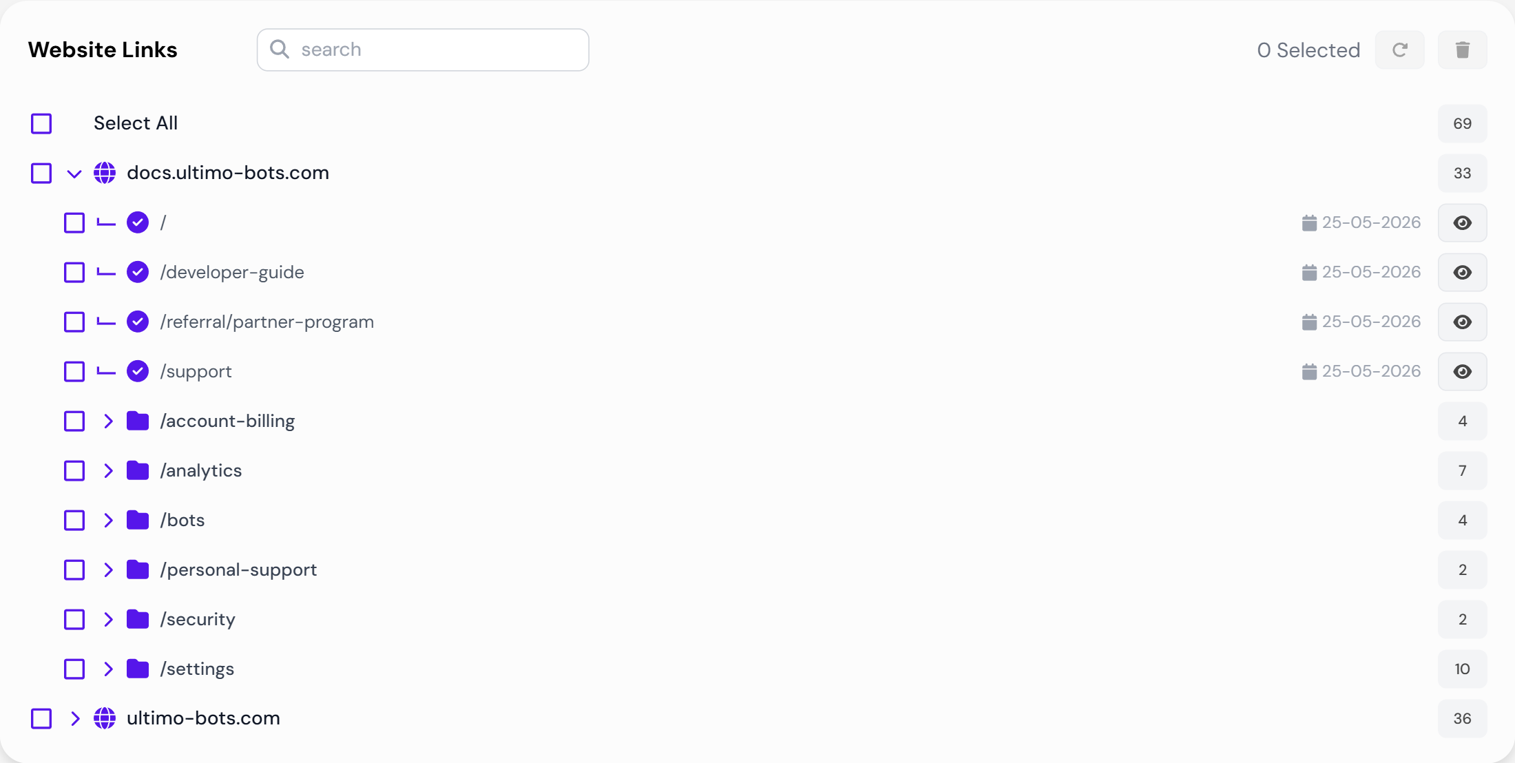 Ultimo Bots knowledge base management view