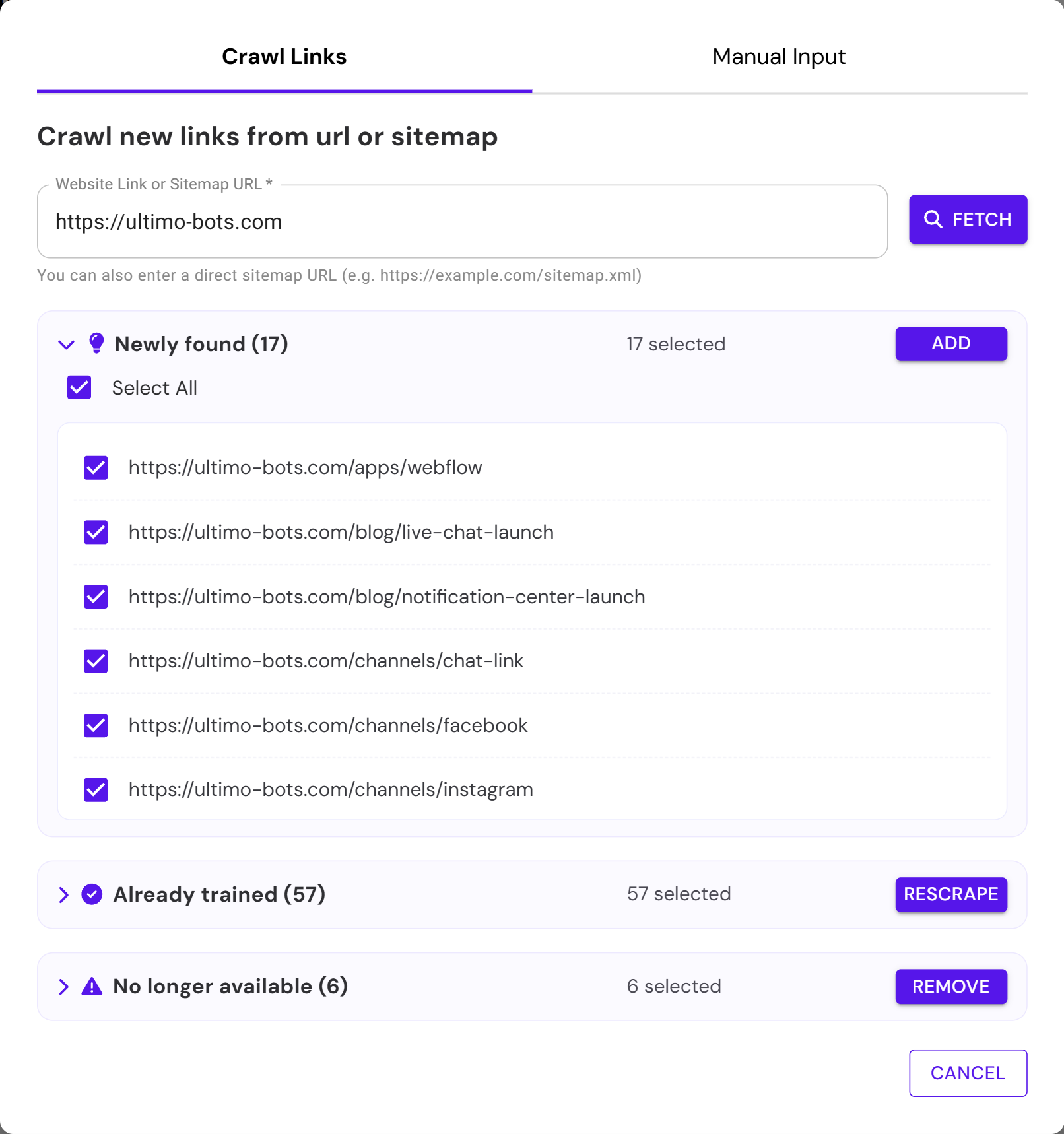 Ultimo Bots knowledge base with sources being added
