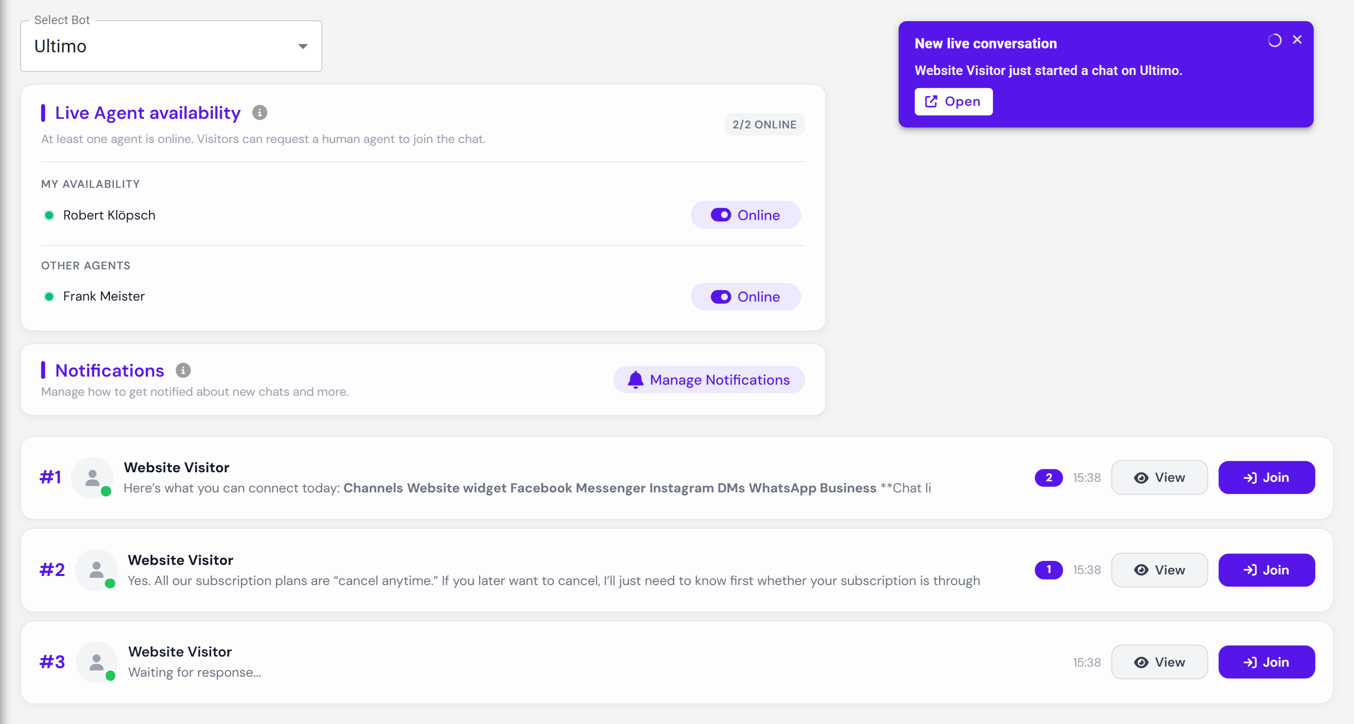Ultimo Bots live chat dashboard showing an active conversation